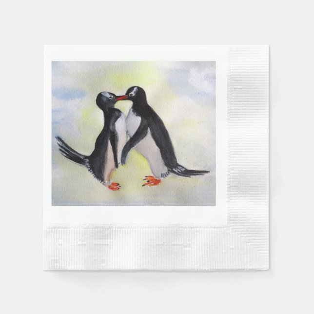 Kissing Penguins Cocktail Paper Napkins (Front)