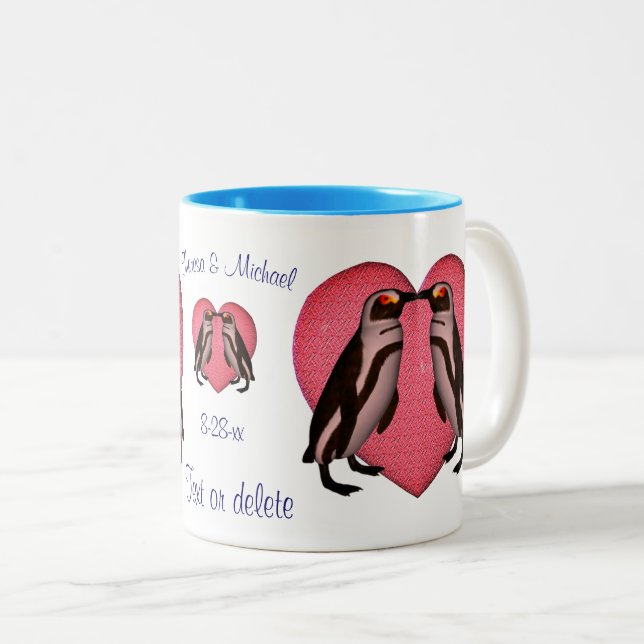Kissing Penguins Personalised Wedding Two-Tone Coffee Mug (Front Right)