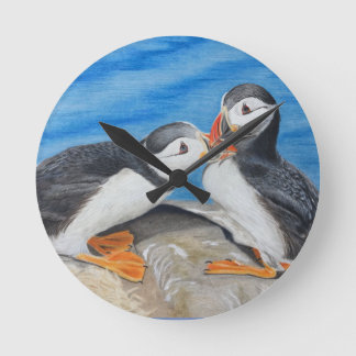 Kissing Puffins Round Clock