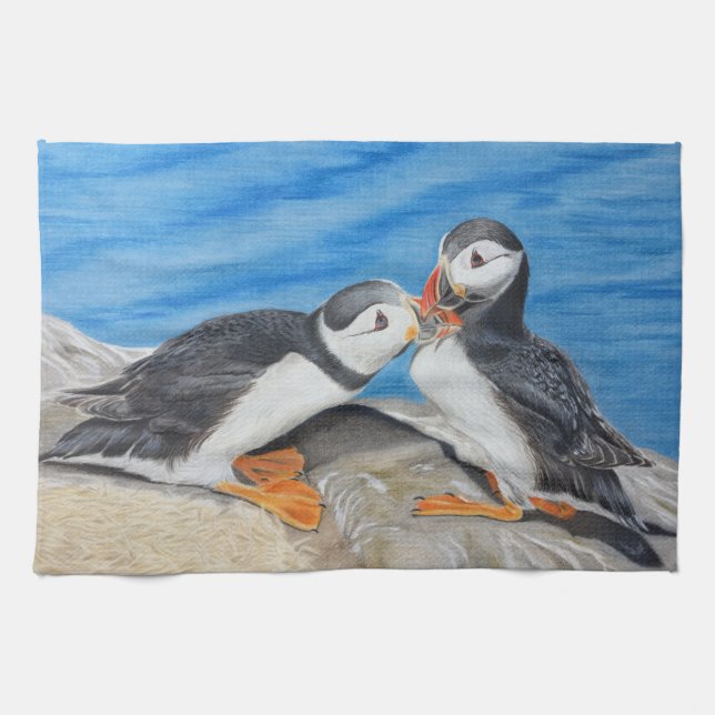 Kissing Puffins Tea Towel (Horizontal)