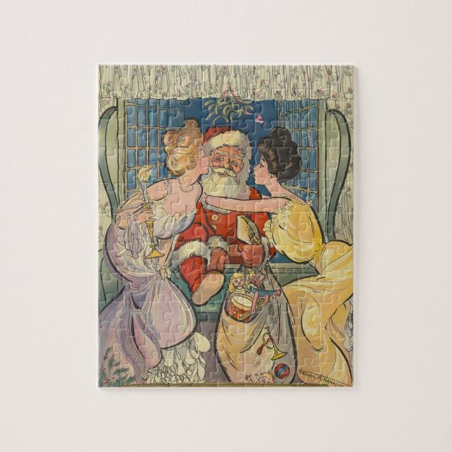 Kissing Santa Claus Vintage Christmas Card Jigsaw Puzzle (Vertical)