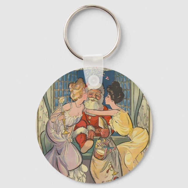 Kissing Santa Claus Vintage Christmas Card Key Ring (Front)