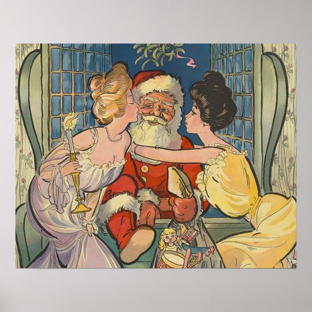 Kissing Santa Claus Vintage Christmas Card Poster (Front)
