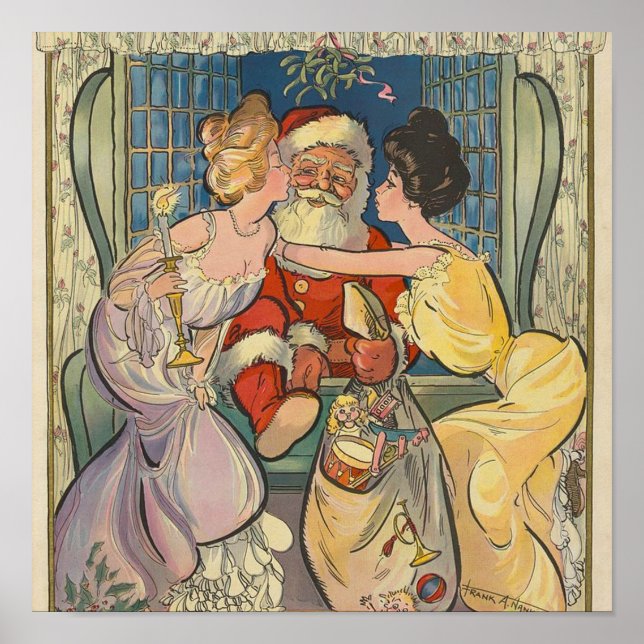 Kissing Santa Claus Vintage Christmas Card Poster (Front)
