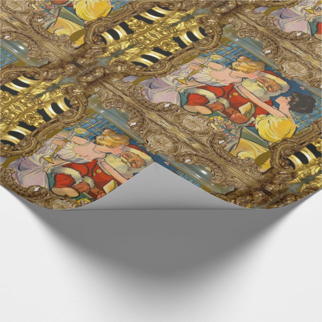 Kissing Santa Vintage Old Fashion Christmas Wrapping Paper (Corner)