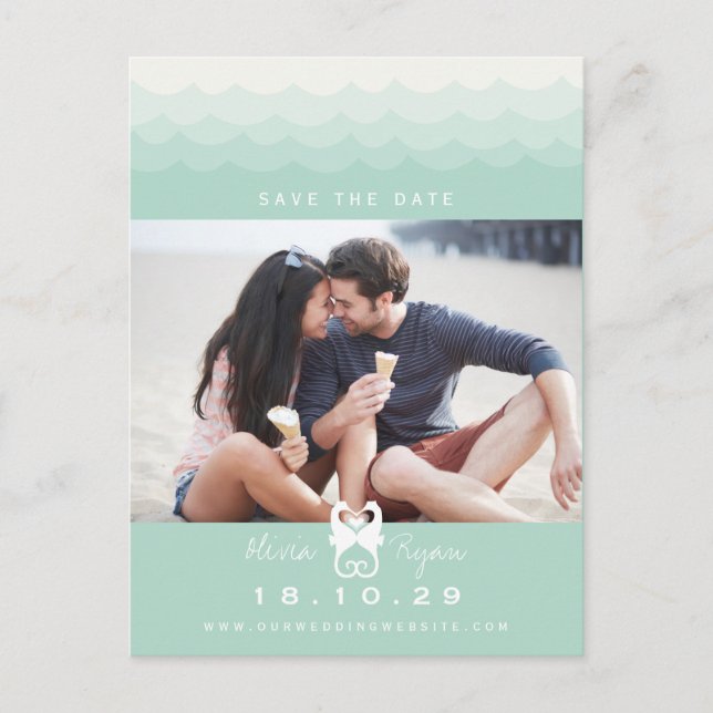 Kissing Seahorses Love Hearts Beach Save The Date Announcement Postcard (Front)