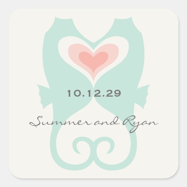 Kissing Seahorses Love Hearts Beach Summer Wedding Square Sticker (Front)