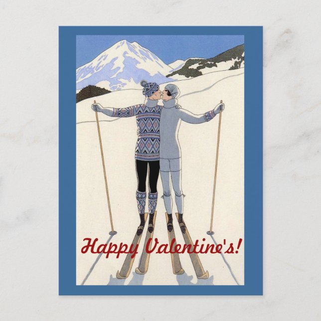 Kissing skiers couple - Happy Valentine's Holiday Postcard (Front)