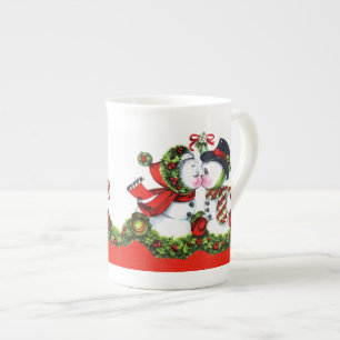 Kissing Snowman Couple Bone China Mug