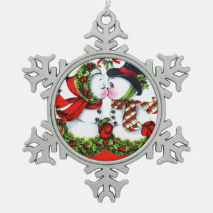 Kissing Snowman Couple Snowflake Pewter Christmas Ornament