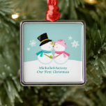 Kissing Snowmen Christmas Metal Tree Decoration<br><div class="desc">Custom Christmas ornament featuring an adorable and unique vector illustration  of a couple of snowmen kissing in the snow on a winter blue background. Personalise it with your names,  wedding anniversary date,  or any text of your choice to make the perfect First Christmas  or couple ornament keepsake.
  ©Sanqunetti Design</div>