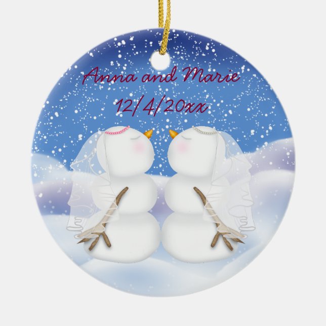 Kissing Snowmen two Brides Ceramic Tree Decoration (Front)