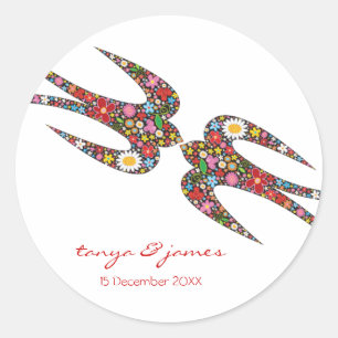 Kissing Swallows & Colourful Spring Flowers Weddin Classic Round Sticker