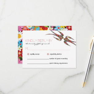 Kissing Swallows Spring Flowers Wedding RSVP Card