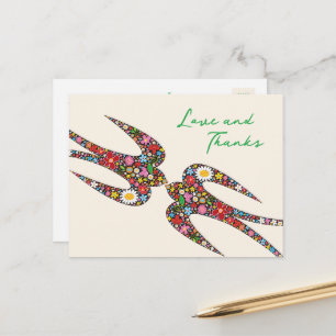 Kissing Swallows Spring Flowers Wedding Thank You Postcard