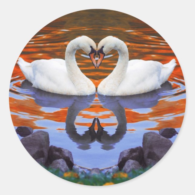 Kissing Swans in Love, Heart Shape Necks Classic Round Sticker (Front)