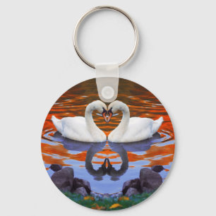 Kissing Swans in Love, Heart Shape Necks Key Ring