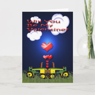 Kissing Tractors under Hearts Holiday Card