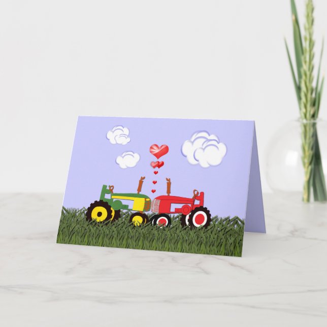 Kissing Tractors under Hearts Thank You Card (Front)