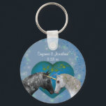 Kissing Unicorns Cute Wedding  Key Ring<br><div class="desc">Mystical black unicorn kissing a lovely white unicorn on an elegant blue heart surrounded by sparkly blue lights and hearts save the date wedding announcement or wedding favour keepsake keychain. Fill in your information in the template. Make more changes to text and font size, style, and colour by clicking on...</div>