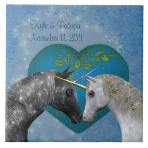 Kissing Unicorns Heart Cute Personalised Wedding Tile