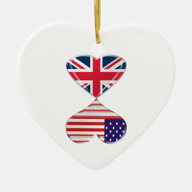 Kissing USA and UK Hearts Flags Art Ceramic Tree Decoration (Front)