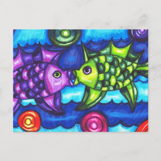 Kissy Fish whimsical colourful ocean animal art Postcard (Front)