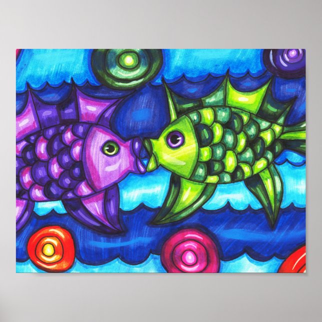 Kissy Fish whimsical colourful ocean animal art Poster (Front)