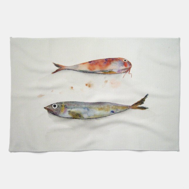 Kitchen bath with fish in watercolor tea towel (Horizontal)