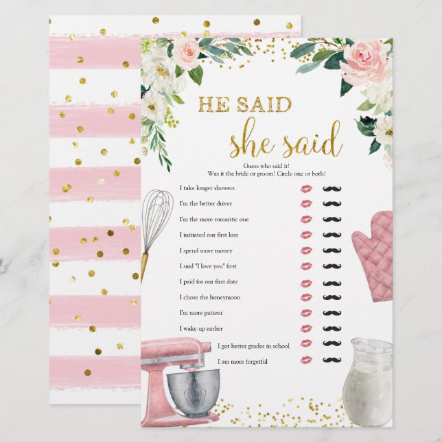Kitchen Bridal Shower He Said SheSaid Game (Front/Back)