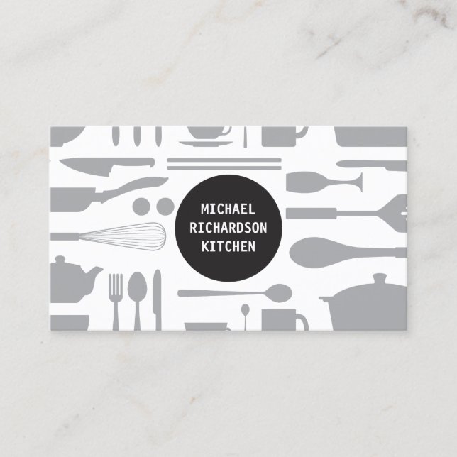 Kitchen Collage Grey/White with Black Logo Business Card (Front)
