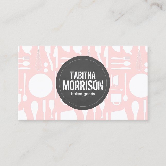 Kitchen Collage on Pink with Grey Logo Business Card (Front)