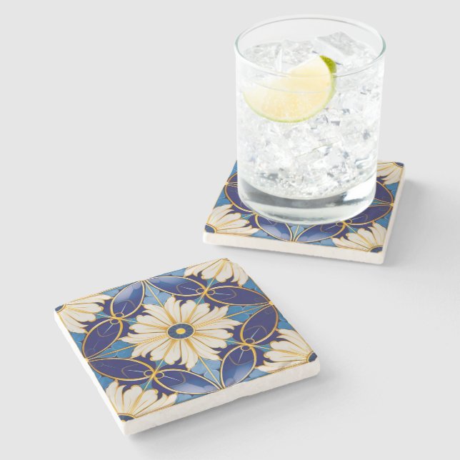 Kitchen Counter Barware Art Deco Gold Blue Floral  Stone Coaster (Side)