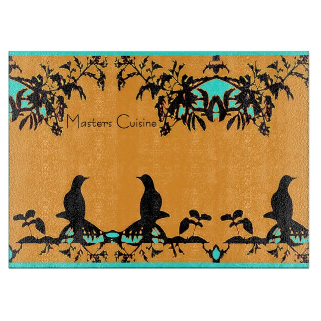 Kitchen Cutting Board -3 Birds on Orange/Turquoise (Front)