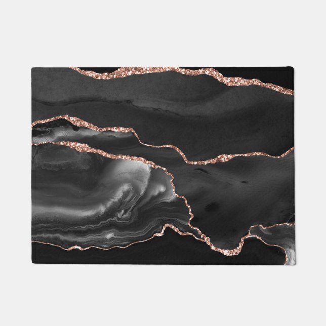 Kitchen Floor Mat - Black Rose Gold Faux Glittter  (Front)