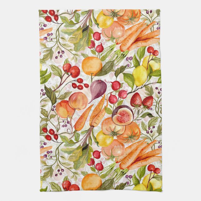 Kitchen Garden Harvest Watercolor Fruit & Veggie Tea Towel (Vertical)