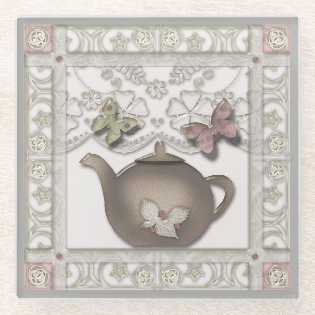 Kitchen glass tea pot beige colours glass coaster (Front)