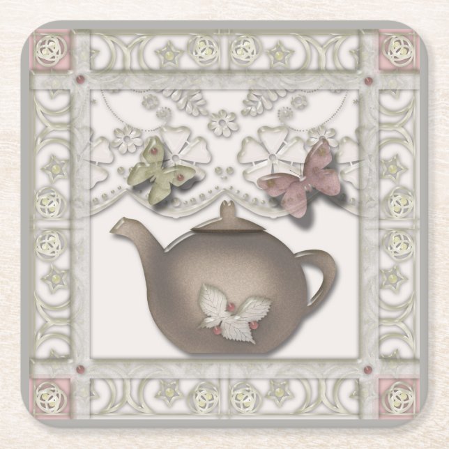Kitchen glass tea pot beige colours square paper coaster (Front)