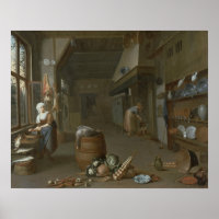 Kitchen interior with two maids preparing food