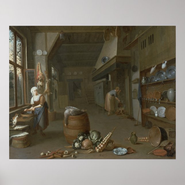 Kitchen interior with two maids preparing food poster (Front)
