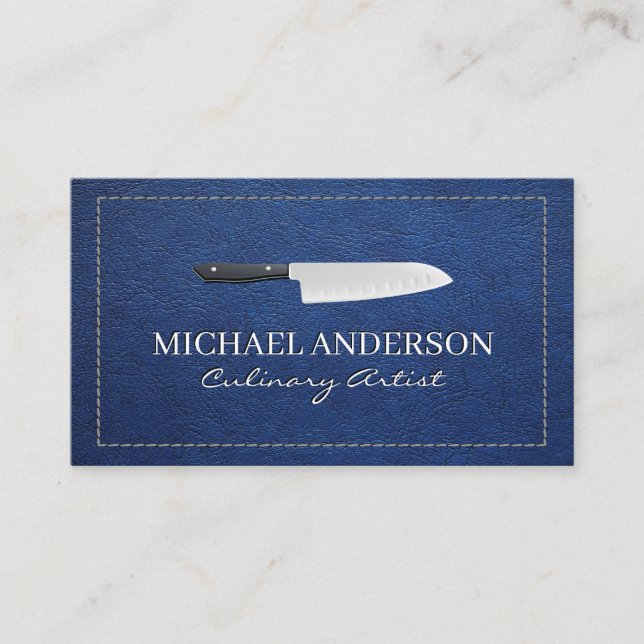 Kitchen Knife | Stitched Blue Leather Business Card (Front)