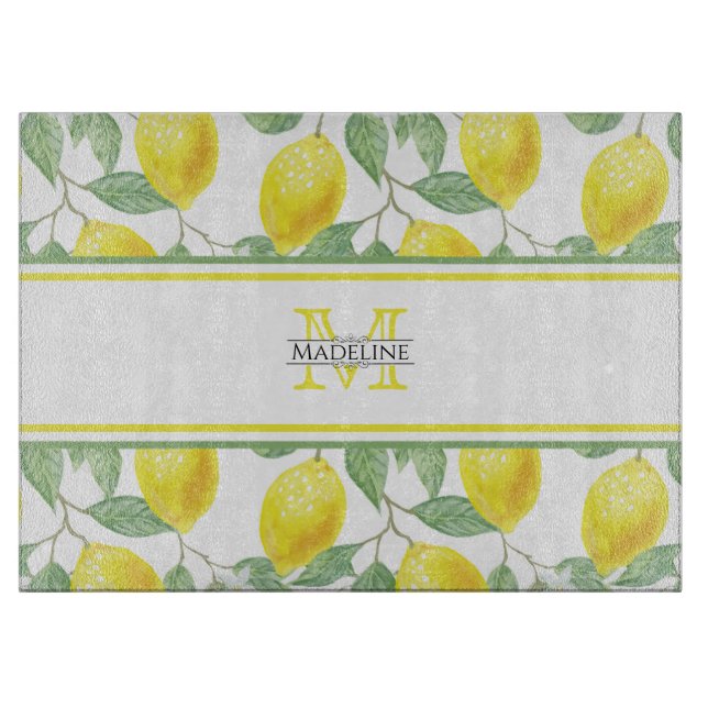 Kitchen Lemons and Leaves | Custom Monogram Cutting Board (Front)