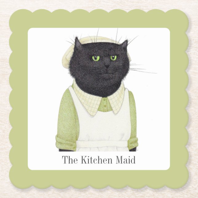 KITCHEN MAID CAT Scalloped Square Coasters + Text (Front)