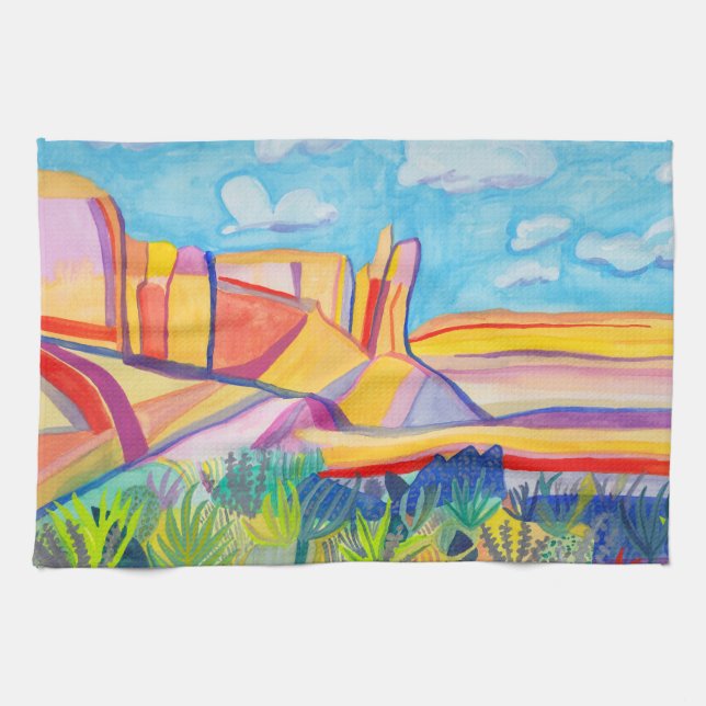 Kitchen Mesa Watercolor New Mexico Tea Towel (Horizontal)