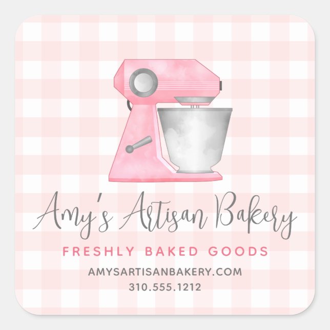 Kitchen Mixer Blush Pink Gingham Plaid Bakery Chef Square Sticker (Front)