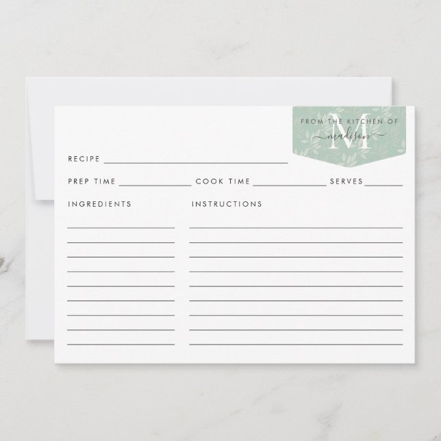 Kitchen Monogram Script Teal Floral Foliage Recipe (Front)