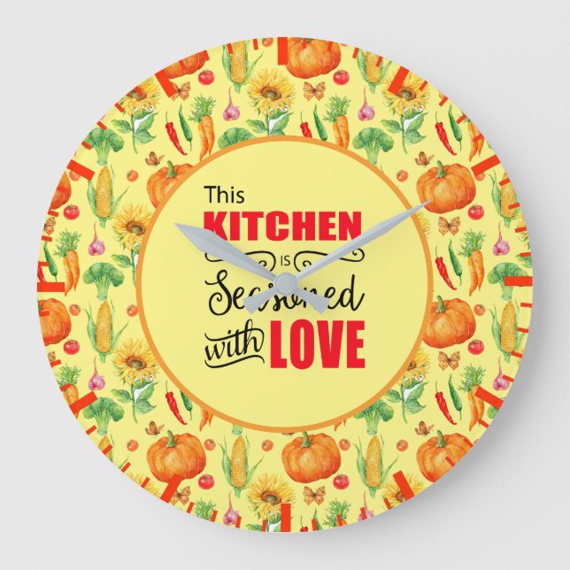 Kitchen Seasoned With Love Vegetable Pattern Large Clock (Front)