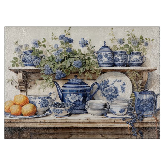  Kitchen Shelf  Blue White Dishes Oranges Cutting Board (Front)