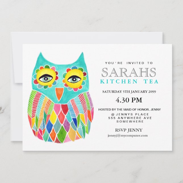 Kitchen Tea Bridal Shower Rainbow Owl Invite (Front)