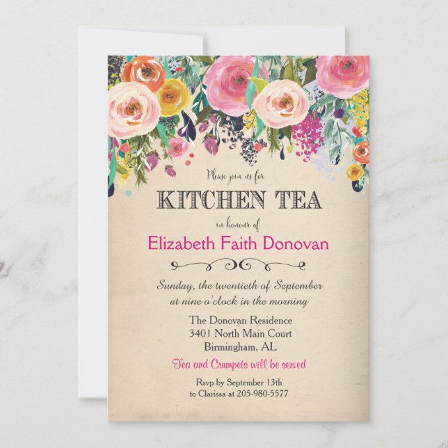Kitchen Tea Floral Watercolor Invitation (Front)